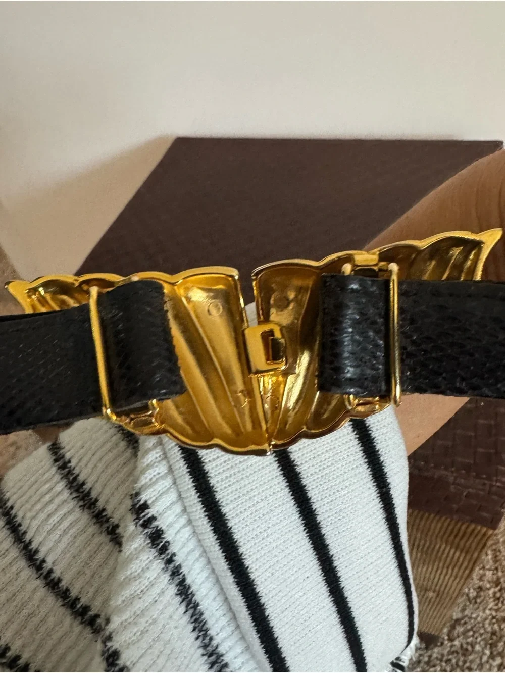 Women's Black Genuine Snakeskin Leather Belt with Gold Sculpted Buckle